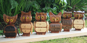 Image of 6 bespoke handmade owl jewellery boxes stood on a row looking at you!