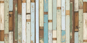 image of a distressed looking wooden plank wall with various coloured planks.