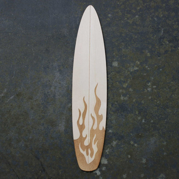 Wooden bookmark of a surfboard with a fire design