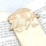 Close up of the cooking wooden bookmark details of cooking pots, utensils and ingredients
