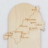 close up of the towns named on the Cornwall map bookmark