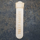 Telly addict wooden bookmark with a tv set and the words telly addict