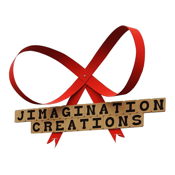 Jimagination Creations sign with a giant red wooden bow above it.