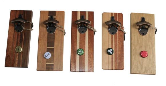Image of 5 wooden bottle openers of various hardwoods.