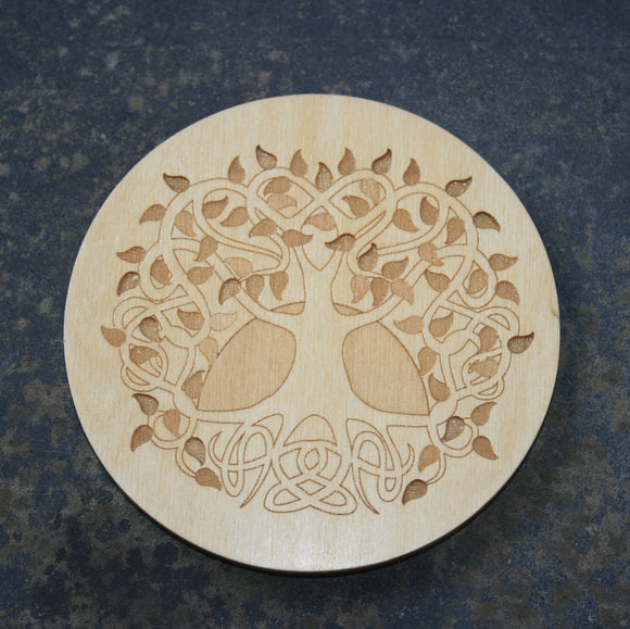 Image of a Jimagination Creations round wooden coaster with a Celtic Tree Of Life design