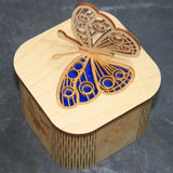Wooden laser cut & engraved box with a butterfly design in blue