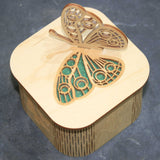 Wooden laser cut & engraved box with a butterfly design in green