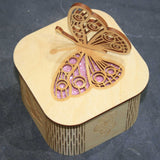 Wooden laser cut & engraved box with a butterfly design in pink