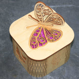Wooden laser cut & engraved box with a butterfly design in purple