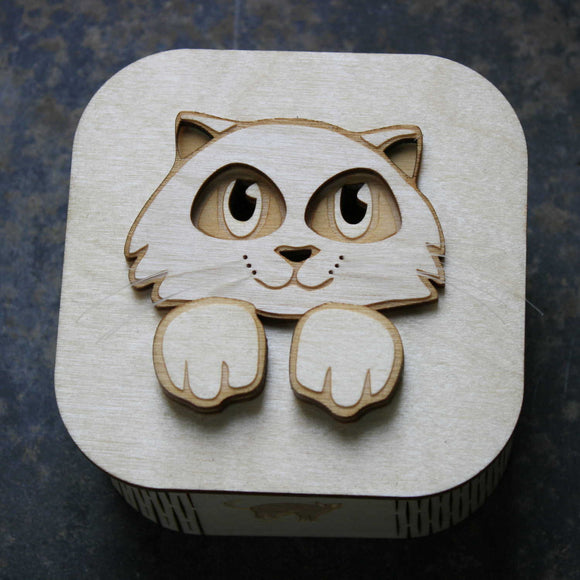 Wooden laser cut & engraved box with a cat theme