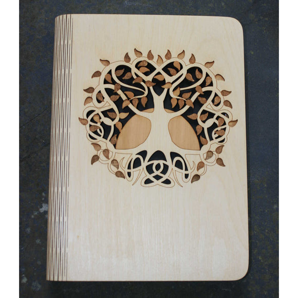 Wooden note book cover with a Celtic Tree of Life design