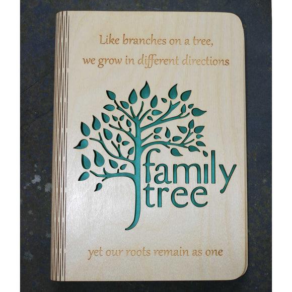 wooden note book cover with a family tree design