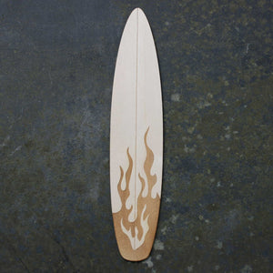Wooden bookmark of a surfboard with a fire design