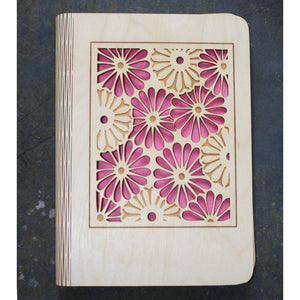 wooden note book cover with a gerbera flower design