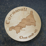 Wooden coaster with a Cornwall map design