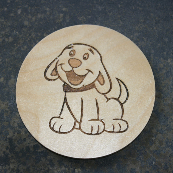 Wooden coaster with a dog design