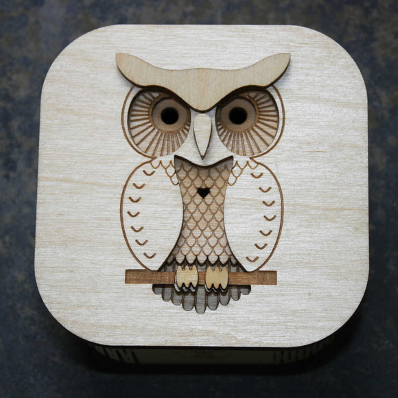 Wooden laser cut & engraved box with an owl design