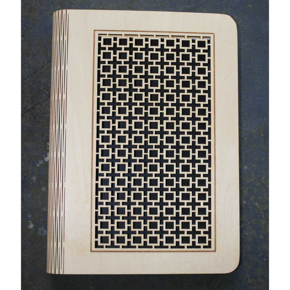 wooden note book cover with a square lattice design