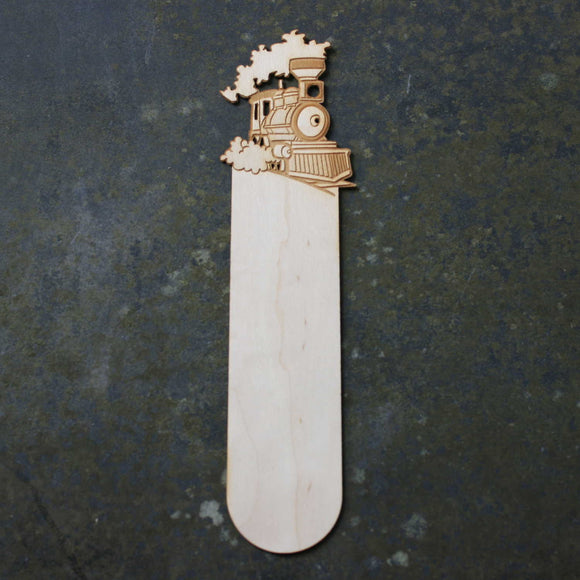 Wooden bookmark with a steam train design