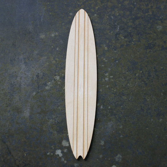 Wooden bookmark of a surfboard with a stripe design