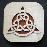 Wooden laser cut & engraved box with a Celtic tri-knot design in copper