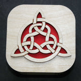 Wooden laser cut & engraved box with a Celtic tri-knot design in red