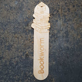 Bookworm design wooden bookmark, with a book worm coming out the top of a pile of books reading a book