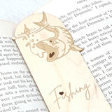 Close up of the detail in the fishing bookmark of the fish about to bite the lure