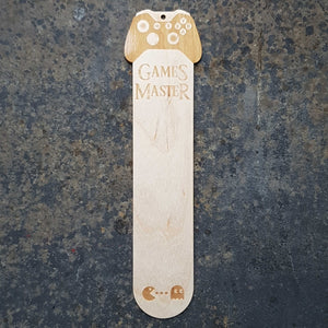Games master wooden bookmark with a video game console and Pac-man motif