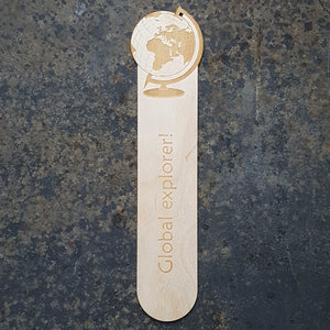 Global traveller wooden bookmark of a world globe design