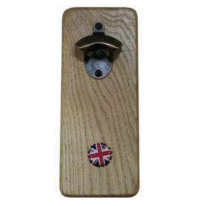 Wall mounted wooden bottle opener with magnetic lid catch