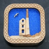 Wooden laser cut & engraved box with a tin mine design in blue