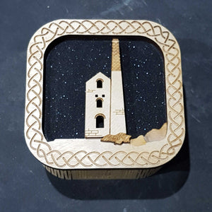 Wooden laser cut & engraved box with a tin mine design in black
