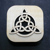 Wooden laser cut & engraved box with a Celtic tri-knot design in black